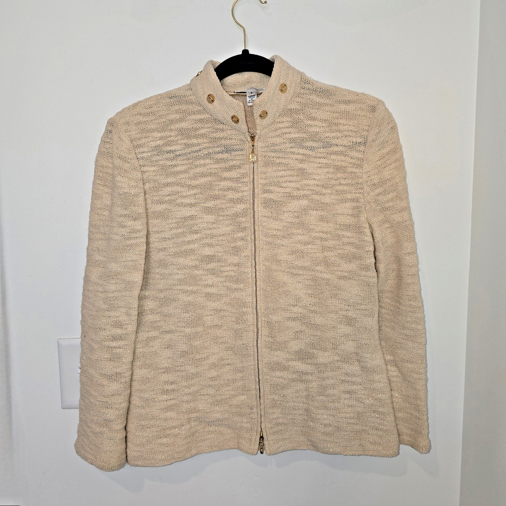 St. John By Marie Gray Santana Knit Zip Up Jacket Size S Beige Wool Rayon